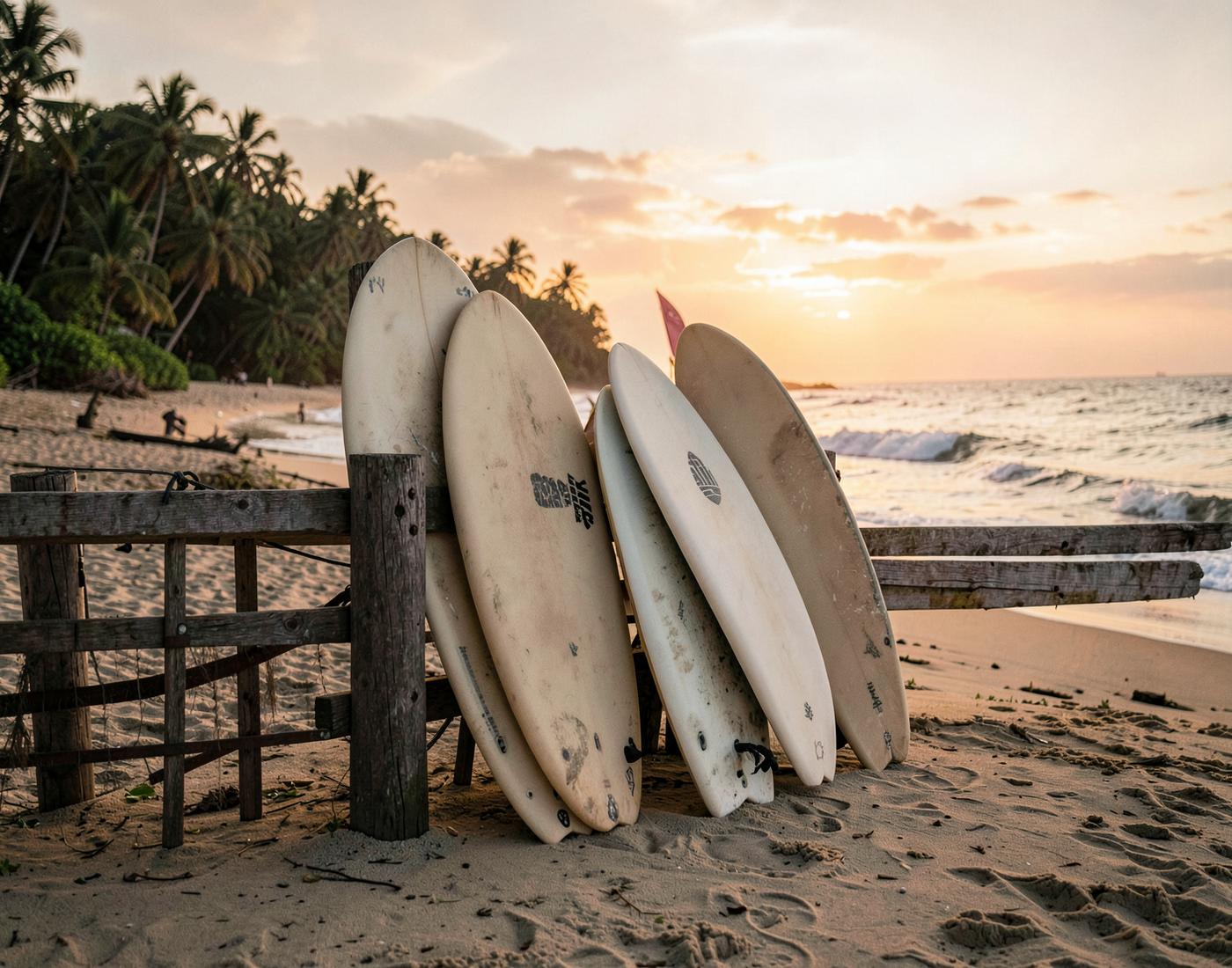 Surfboards leaning against a wooden fence at sunrise