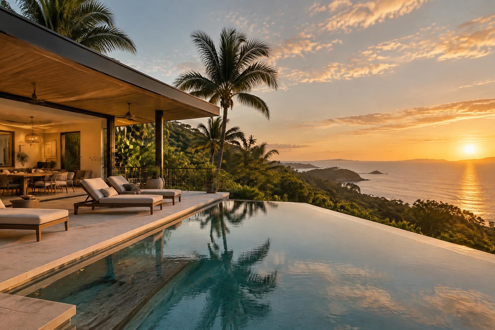 Costa Rican villa with an infinity pool overlooking the Pacific at golden hour