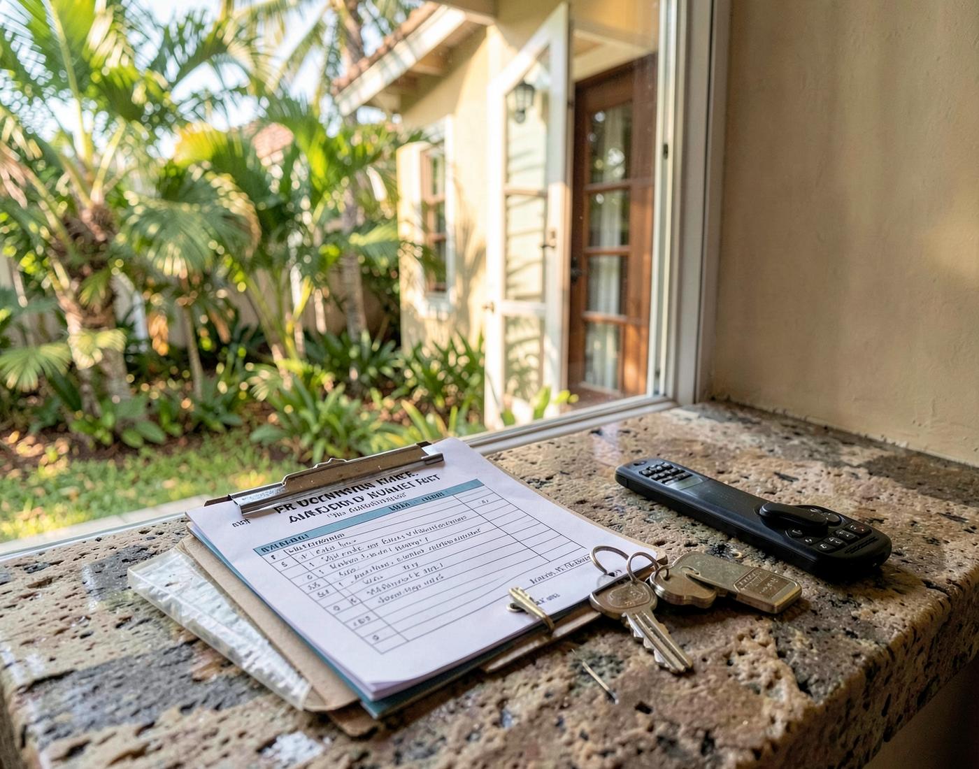 Inspection checklist and house keys on a stone counter
