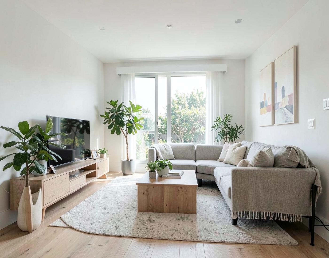 Bright furnished living room styled for a rental listing